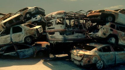 A close-up view of an auto salvage yard in a hot dry desert climate.