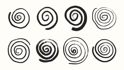 Hand drawn spiral and swirl motion elements set. Circular shapes with grunge dry texture. Doodle black vector illustration