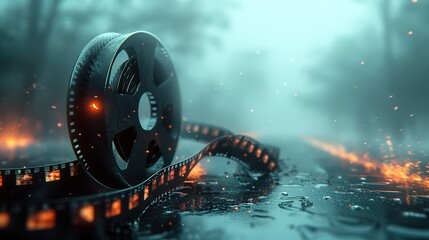 A close-up of a winding film strip on a reflective surface, a metaphor for the intricate journey of storytelling in cinema, showcased at International Film Festivals. Generative AI