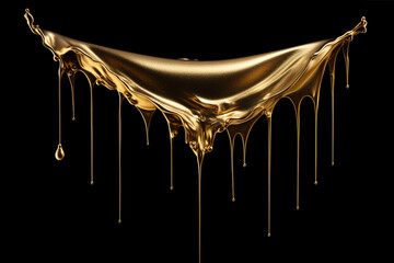 Obraz na płótnie Canvas Illustration of gold glitter paint dripping from the top of the image on a pure black background, gold paint splatter, unusual background.