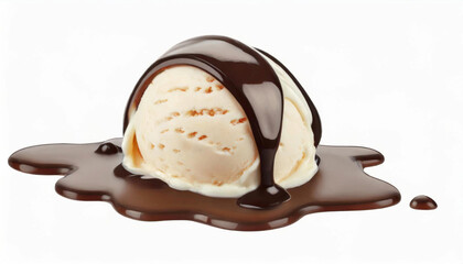 Vanilla ice cream scoop decorated with chocolate sauce isolated on white background