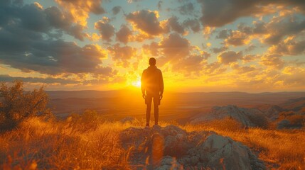 Sunset on a desert rock by a young man - obrazy, fototapety, plakaty