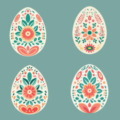 Set of easter eggs with floral ornament flat vector illustration.