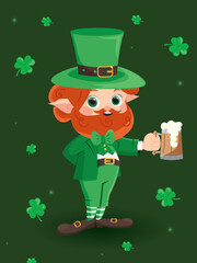 A leprechaun character with a wooden beer mug in his hand