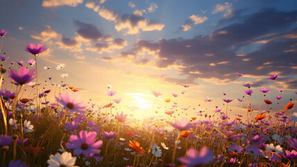 panorama view of beautiful field of flowers with flying petals at sunrise