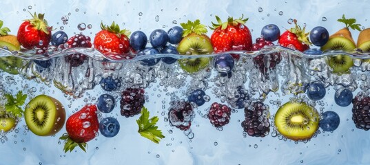 Levitating fruits and berries with water splash on pastel background, copy space for text placement