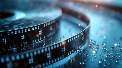 A close-up of a winding film strip on a reflective surface, a metaphor for the intricate journey of storytelling in cinema, showcased at International Film Festivals. Generative AI