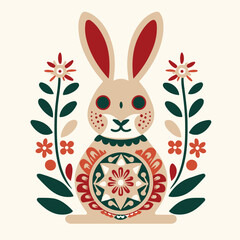 Easter bunny with floral ornaments, flat vector illustration on cream background.