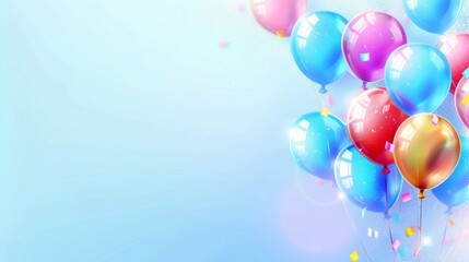 Colorful helium balloons on pastel blue background. Birthday celebration and baby shower decor. Minimal creative idea for party event greeting card.