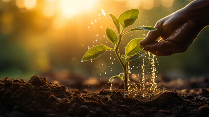 Planting trees growth tree and hand watering in nature background with sunrise - obrazy, fototapety, plakaty