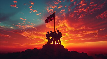 Silhouettes of soldiers raising a flag on a hill, against a dramatic sunset, evoke the iconic Iwo Jima scene representing sacrifice and victory. - obrazy, fototapety, plakaty