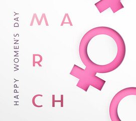 Women's Day greeting card or banner with woman 3d pink cutout paper female symbosl. Vector 8 March international holiday template for poster, cover, label