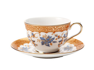 a teacup and saucer with a gold design
