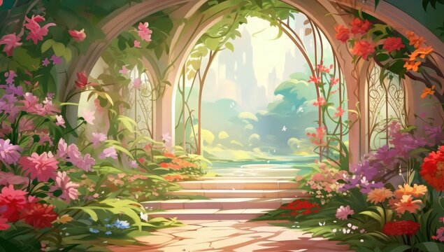 An illustrated image of a pathway underneath an enchanting archway adorned with vibrant flowers and lush greenery