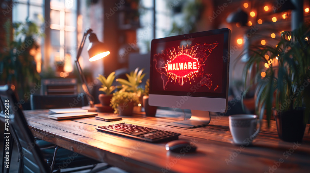 Poster malware large red alert text on computer screen in bright office