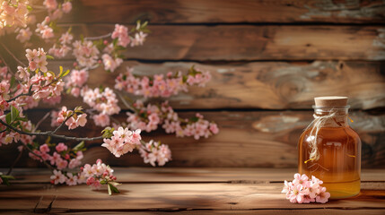 Obraz na płótnie Canvas wooden plank canvas adorned by a jar of honey and elegant pink florals, creating a serene backdrop