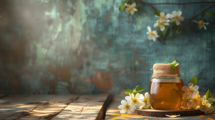 Blue backdrop embellished by a jar of honey and dainty white flowers - obrazy, fototapety, plakaty