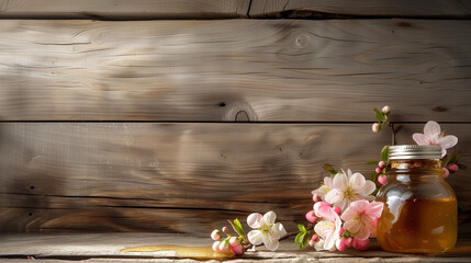 wooden plank background featuring a jar of honey and delicate white blossoms, exuding natural charm