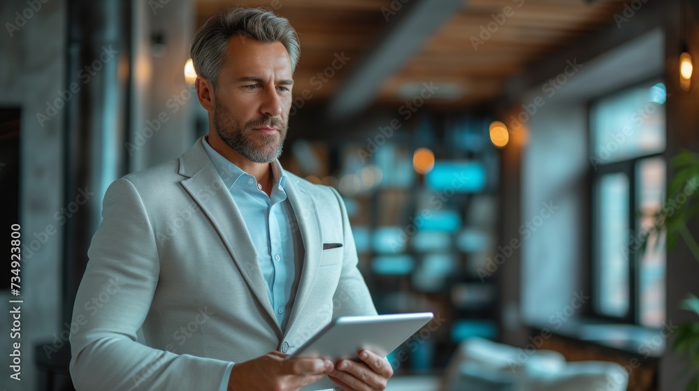 Poster An isolated businessman with a tablet or a corporate communication device on a studio background. A professional connected to the internet or trying to check email for a job on a mockup desk is