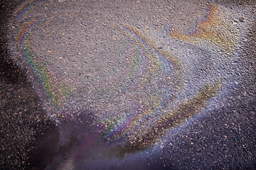 Oil stain on Asphalt, color Gasoline fuel spots on Asphalt Road as Texture or Background.