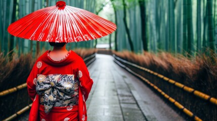 Japanese woman in vibrant kimono as geisha in green bamboo forest with blurred background