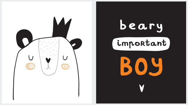 Beary Important Boy. Cute Nursery Vector Art with Hand Drawn Bear in a Crown isolated on a White Background. For Baby Boy. Dreamy King Bear. Infantile Style Print Perfect for Boys' Room Decoration.