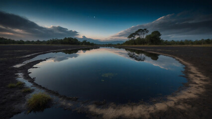 Fototapeta premium Nature tourism in planet, The atmosphere was mysterious, the ground black. There was a pond reflecting the sky like a mirror. ai generative