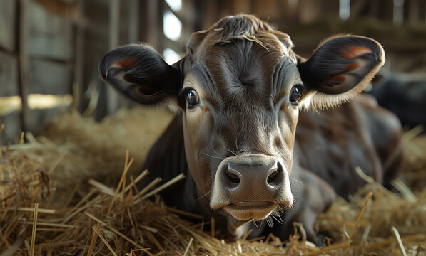 Portrait of funny cow calf laying in hay cowshed and staring at camera. Livestock meat and milk production, Animal husbandry Agriculture industry, Greenhouse Gas Emissions concept image.