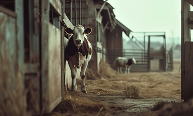 Moody countryside cowshed scene with cows early spring time. Livestock meat and milk production, Animal husbandry Agriculture industry, Greenhouse Gas Emissions concept image.