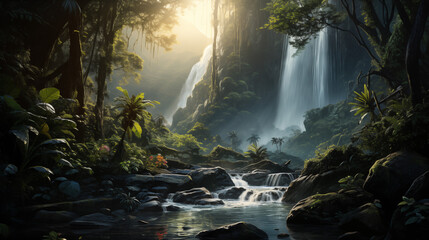 Mystic Sunlight in Jungle Waterfall Realm