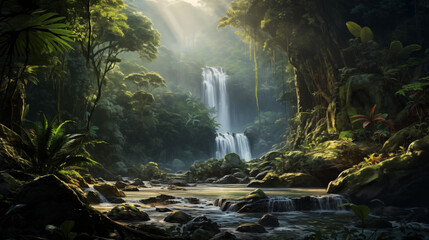 Radiant Sunbeam Over Jungle Falls