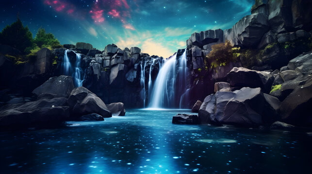 A waterfall in the sky with a blue background,,
A picture of a waterfall with a purple sky and the words waterfall on it.