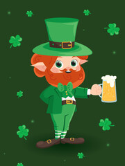 A leprechaun character with a glass beer mug in his hand