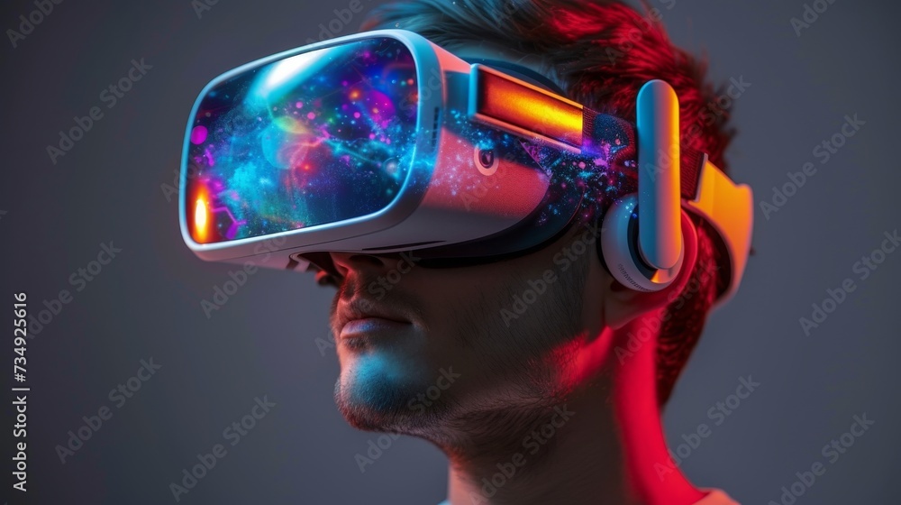 Poster young man using virtual reality headset. drawing of a young man using a virtual reality headset. vir