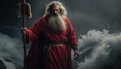 Moses in a Red Robe Holding a Staff parting the Red Sea