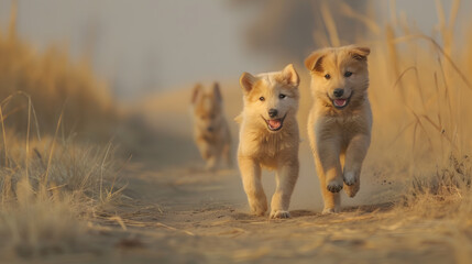 A heartwarming moment of puppies playing joyfully, radiating innocence and delight, capturing the simple wonders of life.