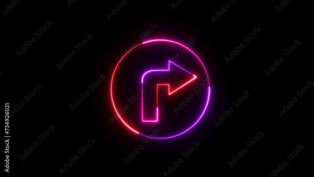 Poster neon line right arrow blinking animation. abstract neon directional arrow icon and looking signal on