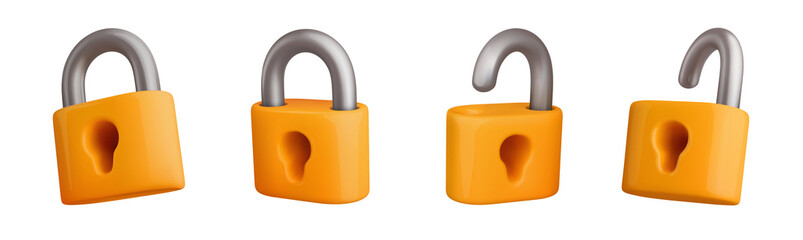 Yellow cartoon padlocks set 3d illustration. Locked and unlocked isolated locks with keyhole collection on transparent background - obrazy, fototapety, plakaty