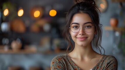 The image shows a smiling Indian woman wearing glasses holding a laptop computer on a grey studio background. She is looking at the device with the camera stand. - obrazy, fototapety, plakaty