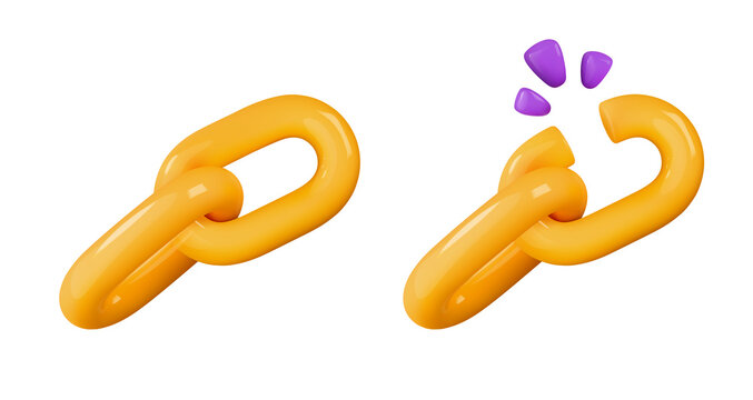 Broken chain and link 3d cartoon illustration. Weakness chain link icon design element on transparent background. Unsafety internet connection. Freedom and liberty concept icon.