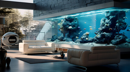 A modern basement with a built in aquarium as a unique feature,,
Arafed aquarium in a living room with a couch and coffee table 