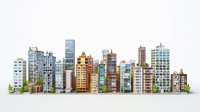 3D rendering of a cityscape with buildings on a white background