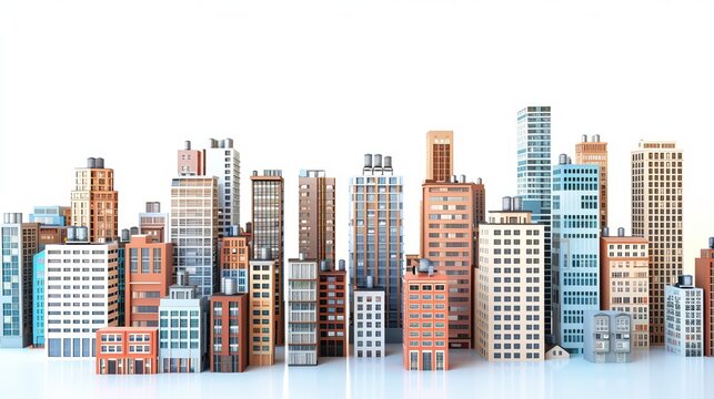 3D rendering of a cityscape with buildings on a white background