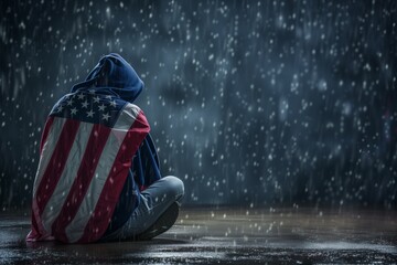 Disheartened Person Sits In The Rain, Wrapped In The American Flag - obrazy, fototapety, plakaty