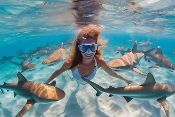 Fototapeta premium Adventurous Woman Embraces Nature's Wonders, Frolicking Fearlessly With Sharks