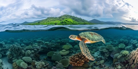 Serenity In Motion: Green Turtle Gliding Through The Magnificent Great Barrier Reef - obrazy, fototapety, plakaty