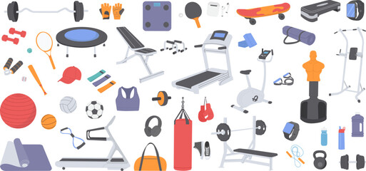set of sports items, everything for sports, exercise equipment, rackets, dumbbells in a flat style on a white background vector