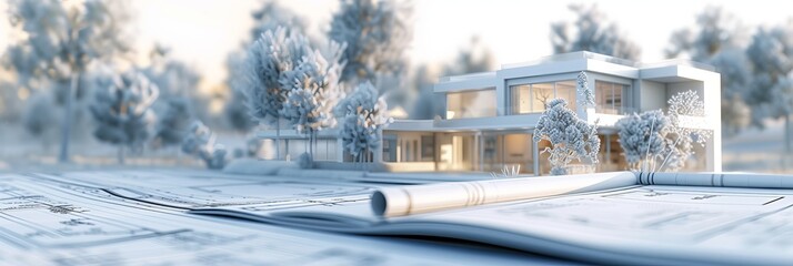 An architectural and landscape model of a house in three dimensions. 3D rendering