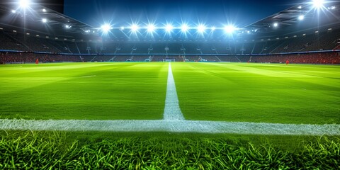 Lively Soccer Game In An Illuminated Stadium With Flawless Green Pitch