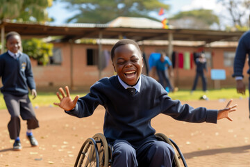 Inclusive Student With Disabilities Joyfully Engaging In Schoolyard Play Alongside Classmates In Uniform